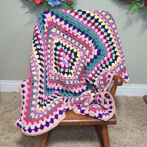 Handmade Multicolor Granny Square Crochet Blanket Baby/Lap Throw, Cottagecore